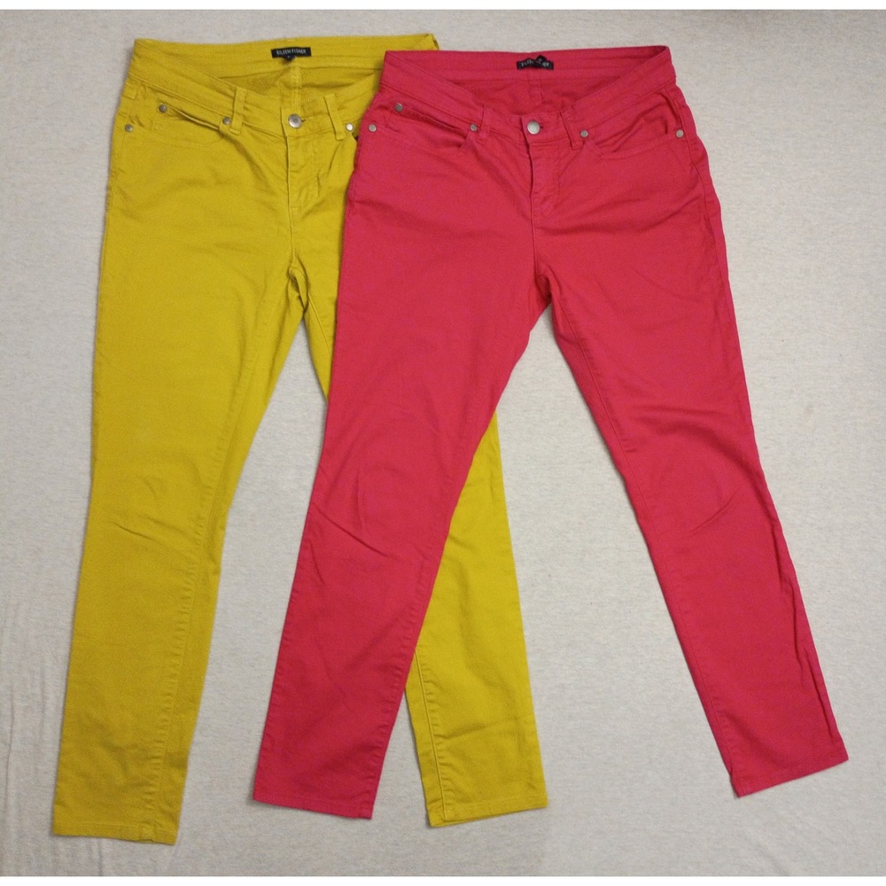 Lot 2 Eileen Fisher Organic Cotton Stretch Slim Pants Pink Yellow Size 2